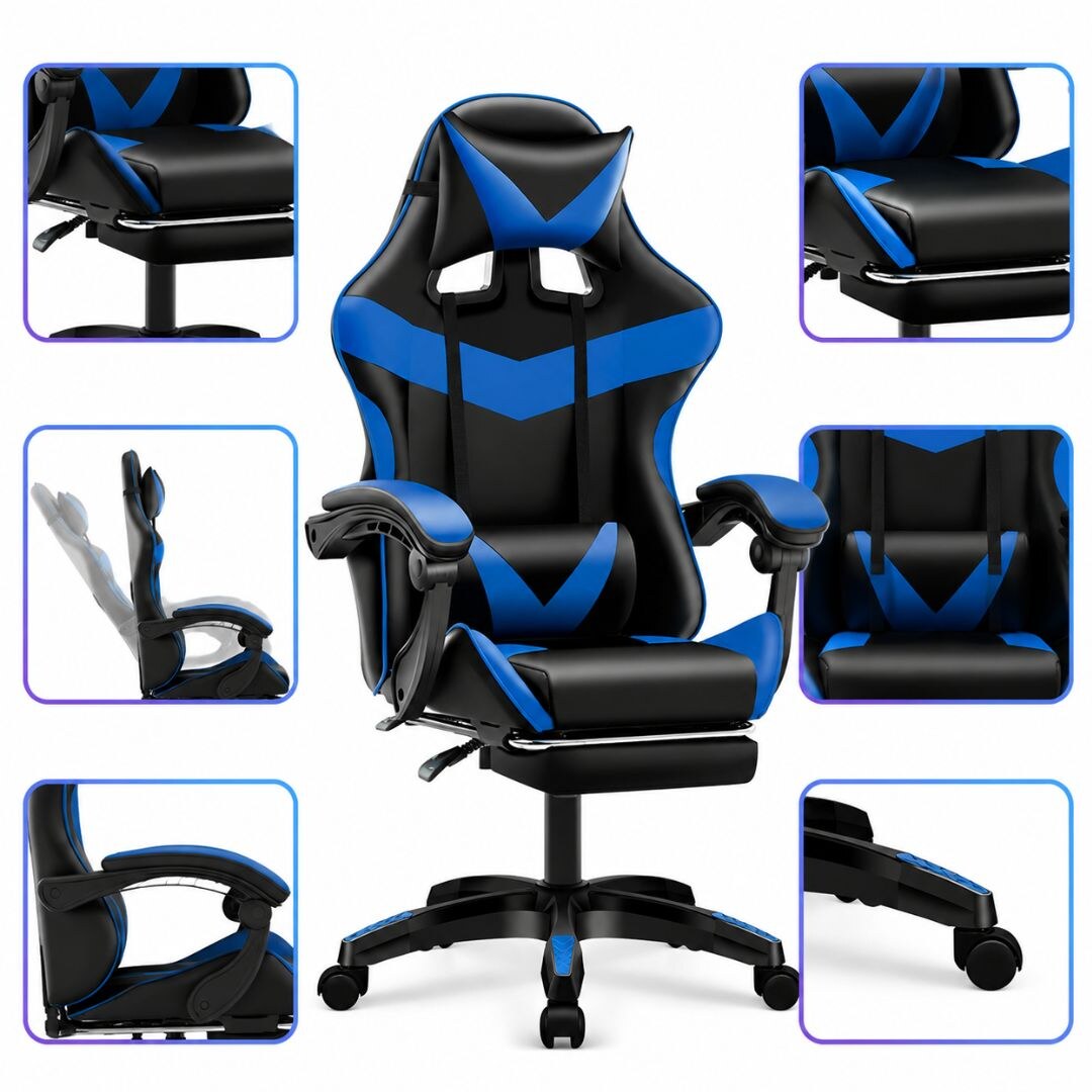 leather-chair-blue كرسي قيمنق جلد مع مسند للرأس ووسادة للظهر ومسند للأقدام