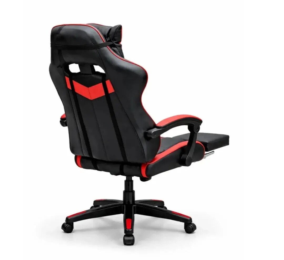 leather-chair-red-back كرسي قيمنق جلد مع مسند للرأس ووسادة للظهر ومسند للأقدام