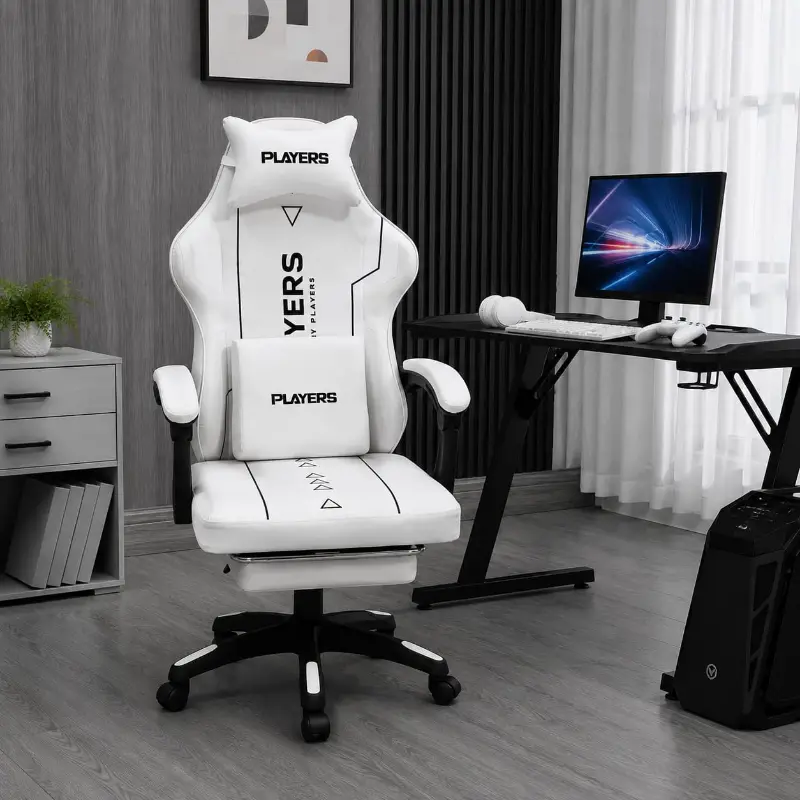 players-gaming-chair-white كرسي قيمنق PLAYERS مع مسند للقدمين ووسادة للظهر
